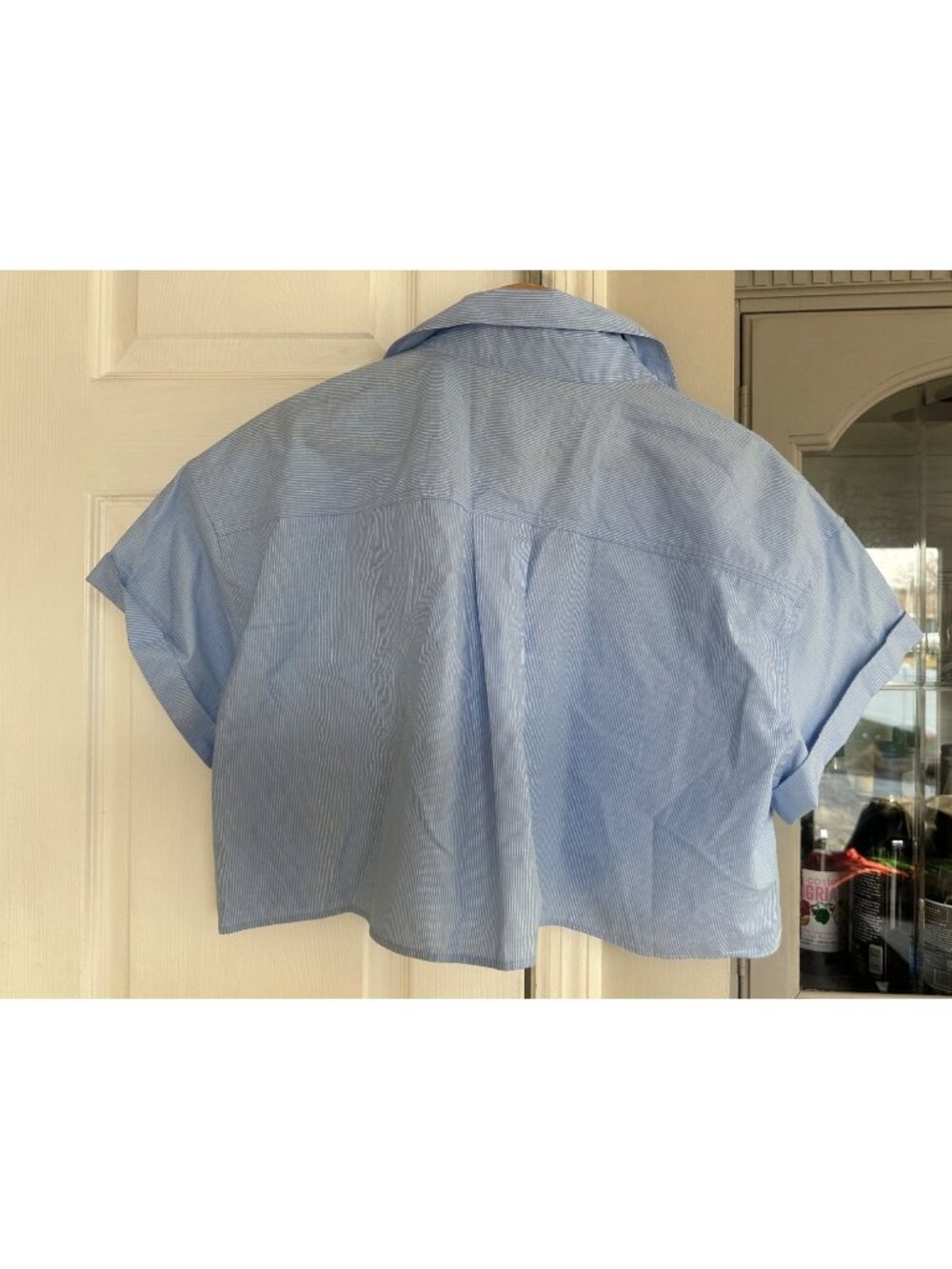 Zara Medium Cropped Short Sleeve Button Up Striped Shirt Blue Coastal - Picture 3 of 8